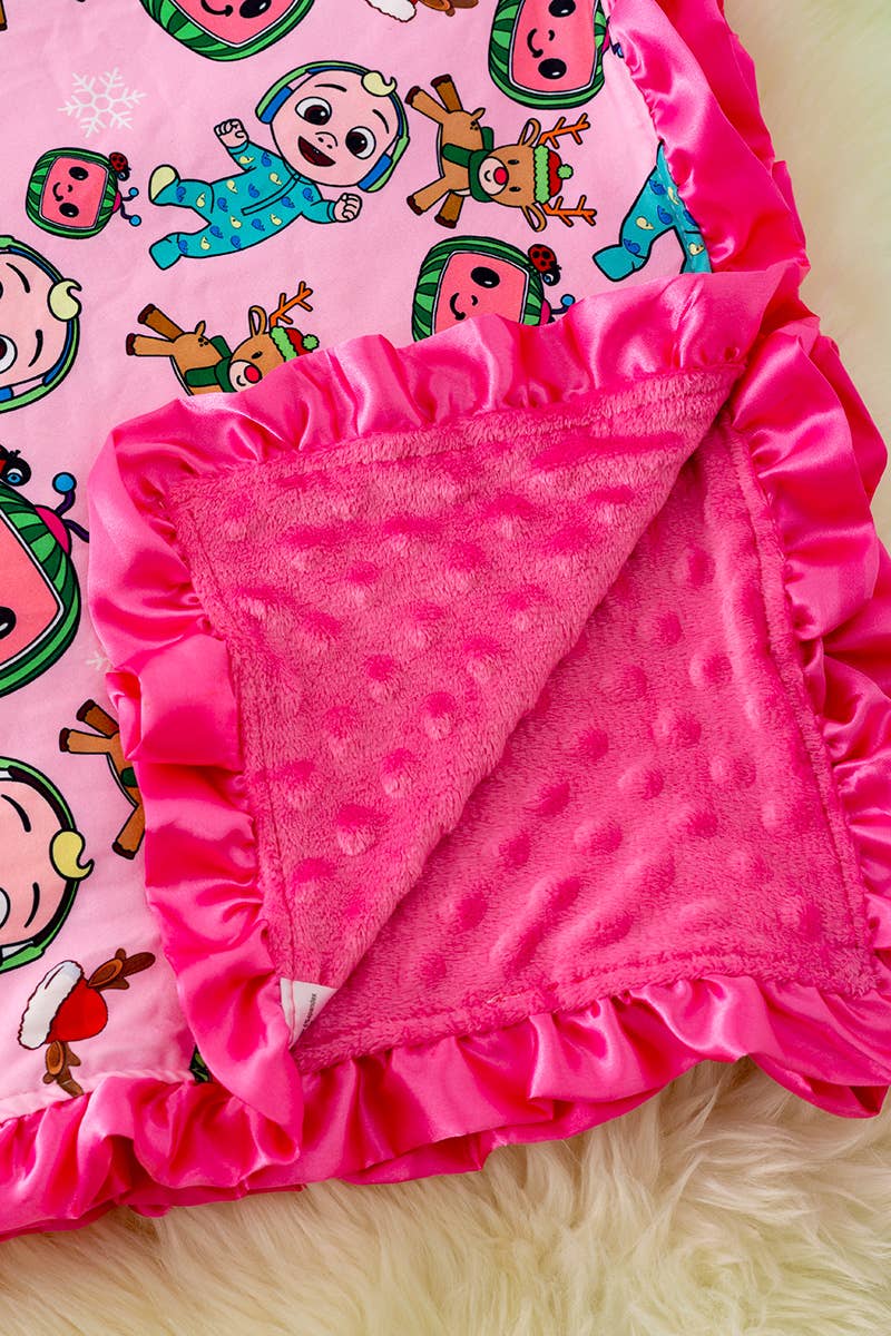 Coco melon BABY BLANKET W/FUCHSIA RUFFLE
