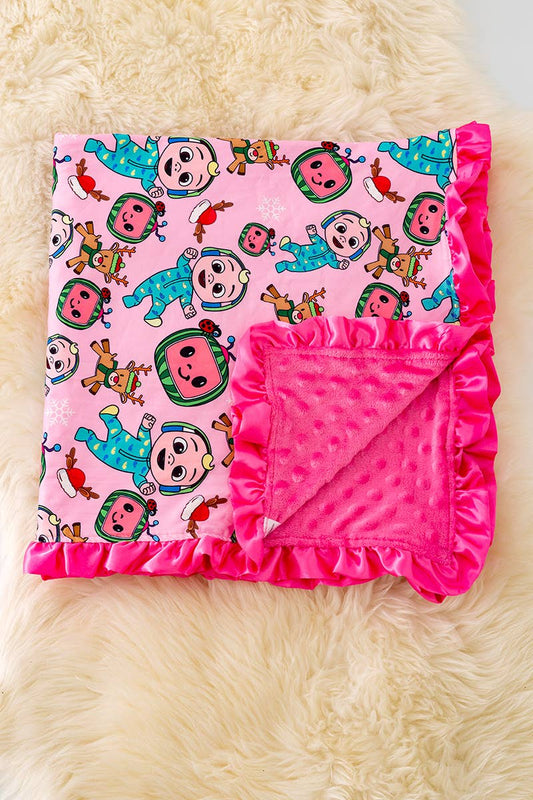 Coco melon BABY BLANKET W/FUCHSIA RUFFLE