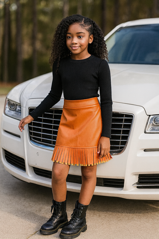 FAUX LEATHER FRINGE HEM SKIRT